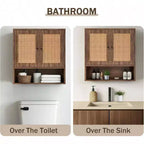 Armario de pared de ratán, estilo bohemio chic, para almacenamiento sobre el inodoro, 3 niveles, montaje en pared, doble puerta, para baño, cocina, comedor, sala de estar