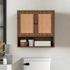 Armario de pared de ratán, estilo bohemio chic, para almacenamiento sobre el inodoro, 3 niveles, montaje en pared, doble puerta, para baño, cocina, comedor, sala de estar