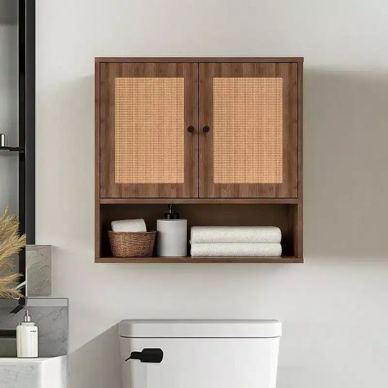Armario de pared de ratán, estilo bohemio chic, para almacenamiento sobre el inodoro, 3 niveles, montaje en pared, doble puerta, para baño, cocina, comedor, sala de estar