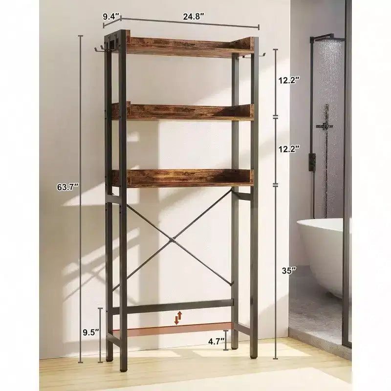 Estante organizador de 3 niveles para inodoro, ahorrador de espacio independiente, color marrón rústico con 4 ganchos