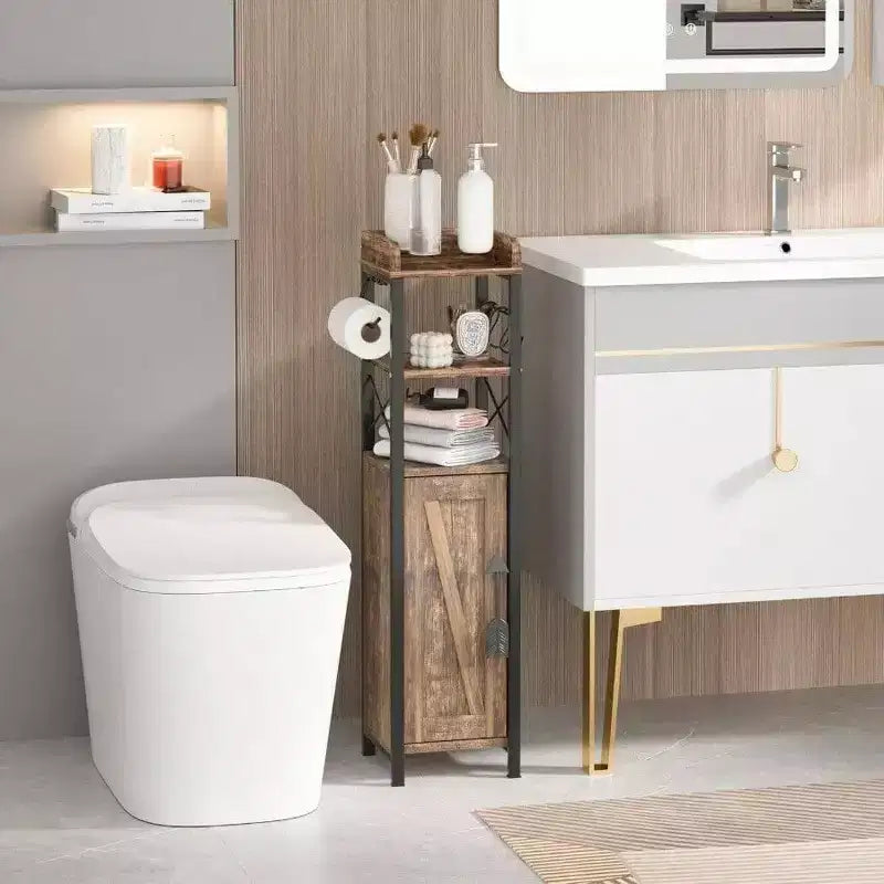 Estrecho Portarrollos de Papel Higiénico Gabinete Pequeño con Puerta 2 Estantes Estante Superior Cerrado Organizador de Almacenamiento Estrecho para Baño Marrón Rústico