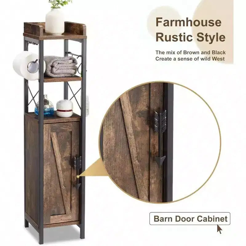 Estrecho Portarrollos de Papel Higiénico Gabinete Pequeño con Puerta 2 Estantes Estante Superior Cerrado Organizador de Almacenamiento Estrecho para Baño Marrón Rústico