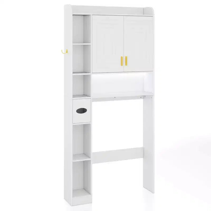 Estantería sobre inodoro, mueble de almacenamiento independiente sobre inodoro con armario de 2 puertas, blanco/marrón/gris