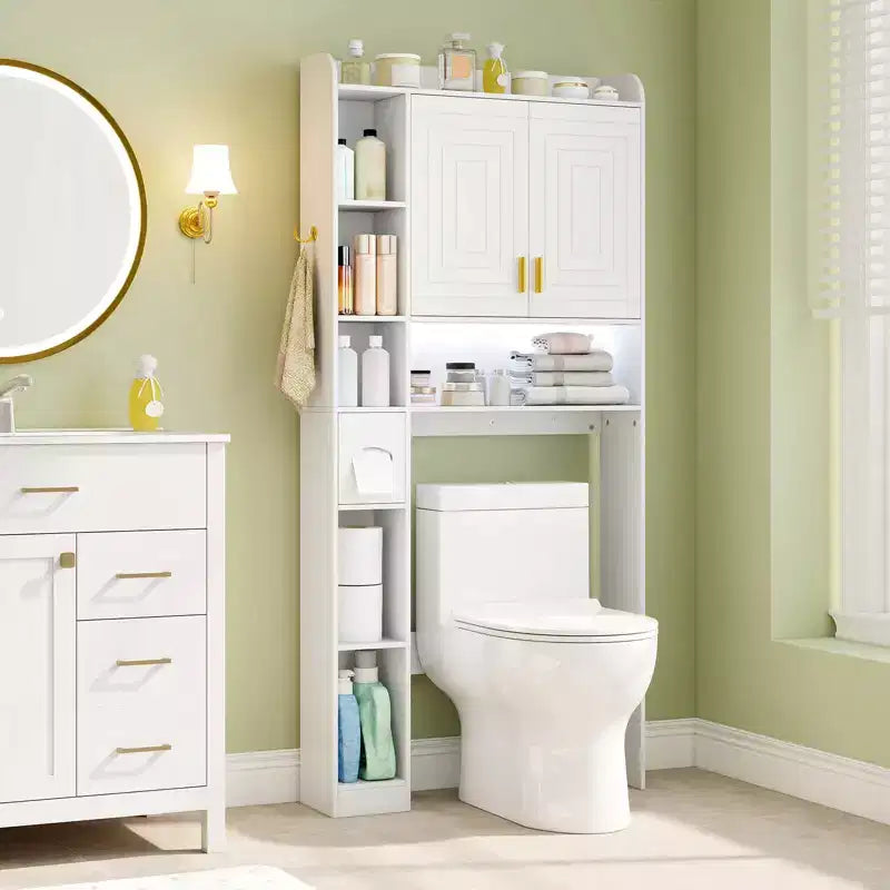 Estantería sobre inodoro, mueble de almacenamiento independiente sobre inodoro con armario de 2 puertas, blanco/marrón/gris