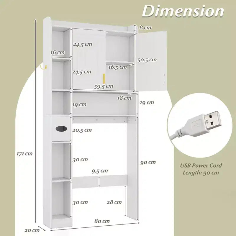Estantería sobre inodoro, mueble de almacenamiento independiente sobre inodoro con armario de 2 puertas, blanco/marrón/gris