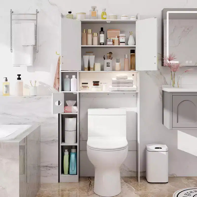 Estantería sobre inodoro, mueble de almacenamiento independiente sobre inodoro con armario de 2 puertas, blanco/marrón/gris