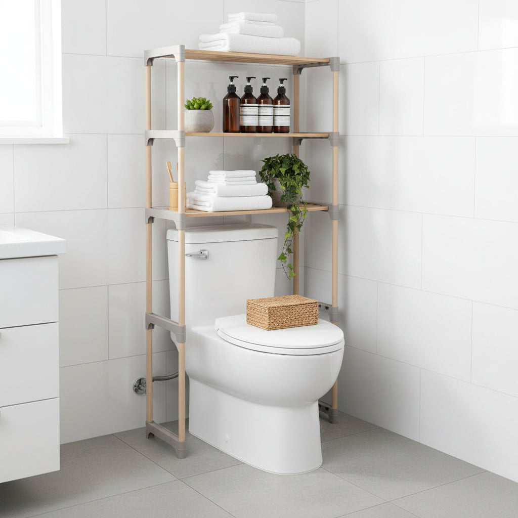 Costway Over The Toilet Storage Rack 3-Tier Pine Wood Bathroom Organizer w/ Open Shelves