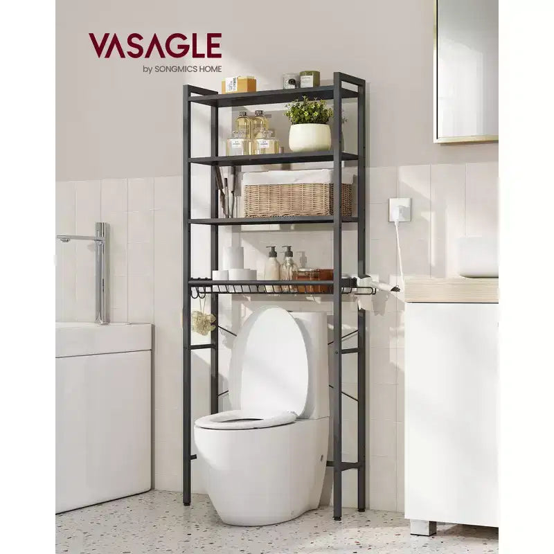 Mueble Organizador para Inodoro, Organizador de Baño sobre Inodoro con Estantes Ajustables y Cesta, Soporte para Secador de Pelo, 3 Ganchos