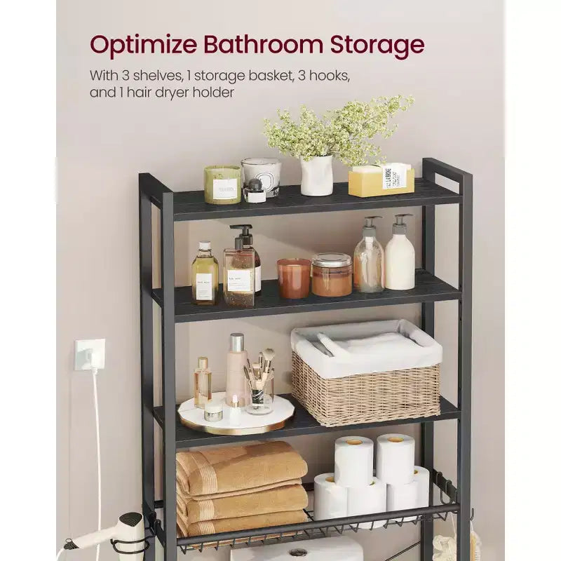 Mueble Organizador para Inodoro, Organizador de Baño sobre Inodoro con Estantes Ajustables y Cesta, Soporte para Secador de Pelo, 3 Ganchos