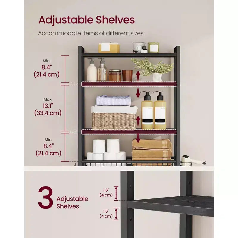 Mueble Organizador para Inodoro, Organizador de Baño sobre Inodoro con Estantes Ajustables y Cesta, Soporte para Secador de Pelo, 3 Ganchos