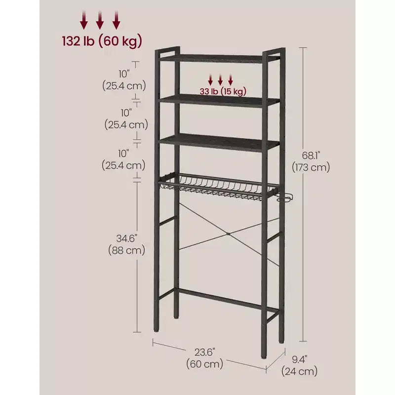 Mueble Organizador para Inodoro, Organizador de Baño sobre Inodoro con Estantes Ajustables y Cesta, Soporte para Secador de Pelo, 3 Ganchos