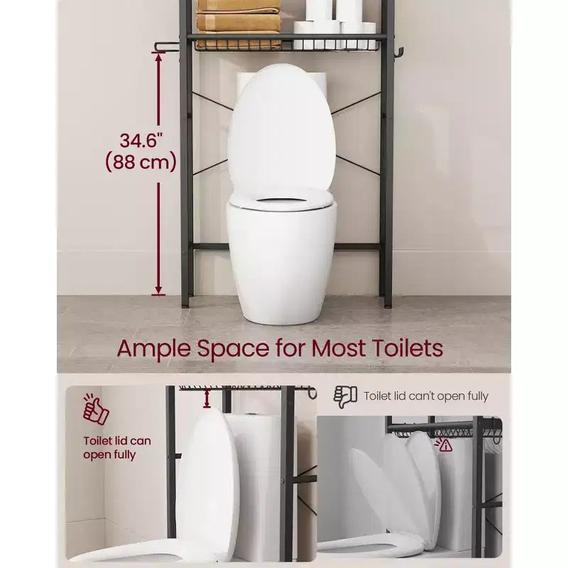Mueble Organizador para Inodoro, Organizador de Baño sobre Inodoro con Estantes Ajustables y Cesta, Soporte para Secador de Pelo, 3 Ganchos