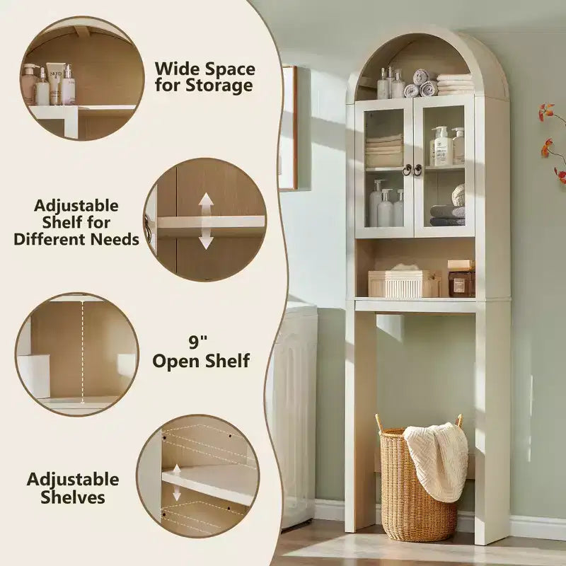 Gabinete de almacenamiento arqueado sobre el inodoro con puertas acrílicas, organizador de estante de baño, gabinete de baño moderno con estante ajustable