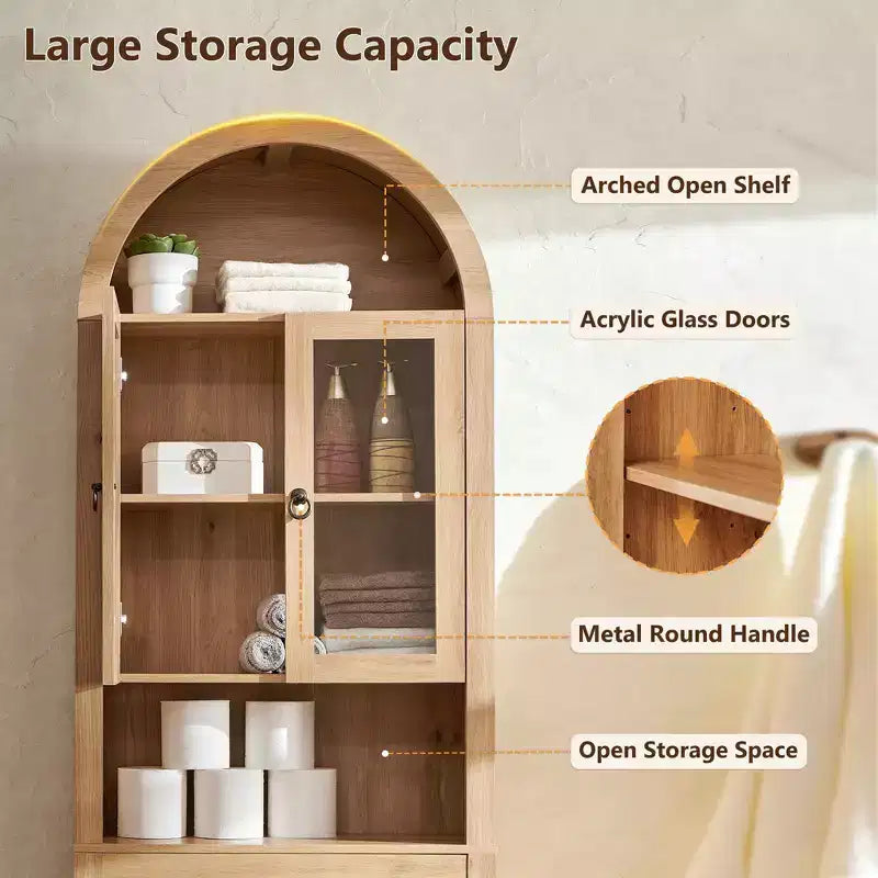 Gabinete de almacenamiento arqueado sobre el inodoro con puertas acrílicas, organizador de estante de baño, gabinete de baño moderno con estante ajustable