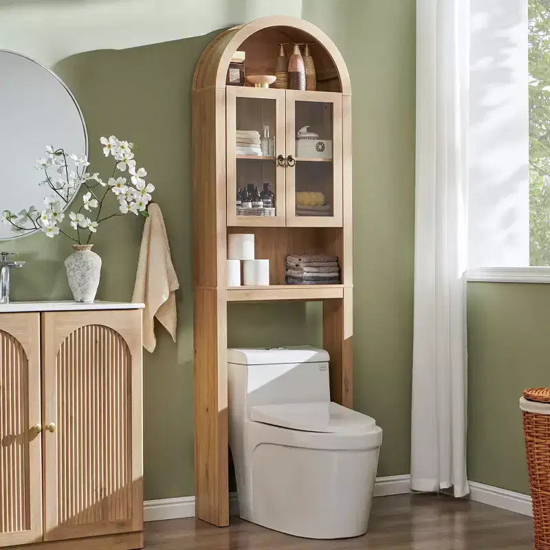 Gabinete de almacenamiento arqueado sobre el inodoro con puertas acrílicas, organizador de estante de baño, gabinete de baño moderno con estante ajustable