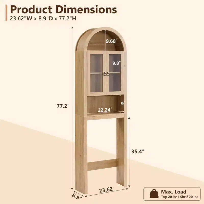 Gabinete de almacenamiento arqueado sobre el inodoro con puertas acrílicas, organizador de estante de baño, gabinete de baño moderno con estante ajustable