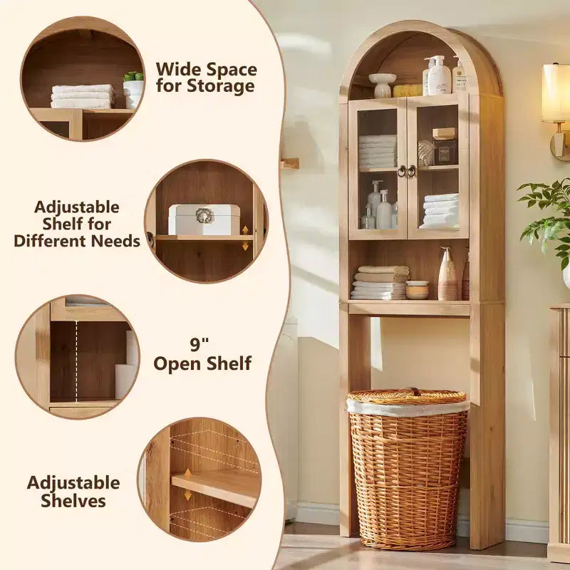 Gabinete de almacenamiento arqueado sobre el inodoro con puertas acrílicas, organizador de estante de baño, gabinete de baño moderno con estante ajustable