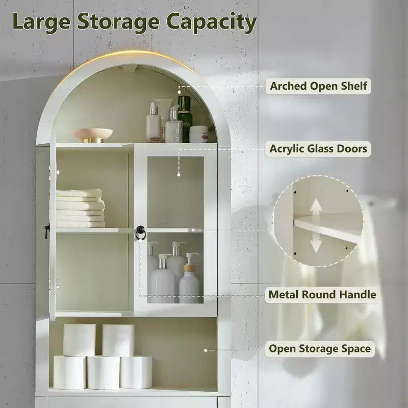 Gabinete de almacenamiento arqueado sobre el inodoro con puertas acrílicas, organizador de estante de baño, gabinete de baño moderno con estante ajustable