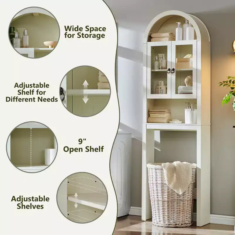 Gabinete de almacenamiento arqueado sobre el inodoro con puertas acrílicas, organizador de estante de baño, gabinete de baño moderno con estante ajustable