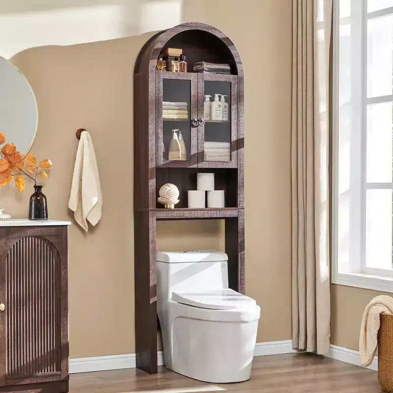 Gabinete de almacenamiento arqueado sobre el inodoro con puertas acrílicas, organizador de estante de baño, gabinete de baño moderno con estante ajustable