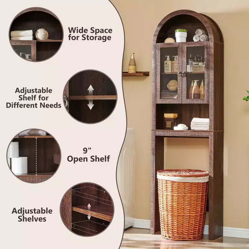 Gabinete de almacenamiento arqueado sobre el inodoro con puertas acrílicas, organizador de estante de baño, gabinete de baño moderno con estante ajustable