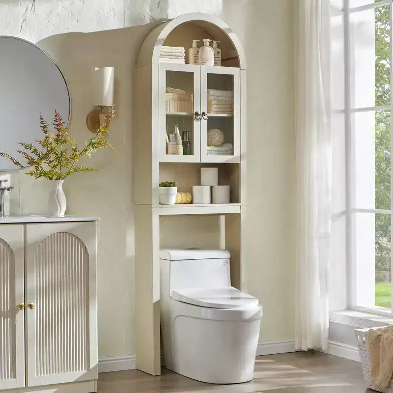 Gabinete de almacenamiento arqueado sobre el inodoro con puertas acrílicas, organizador de estante de baño, gabinete de baño moderno con estante ajustable