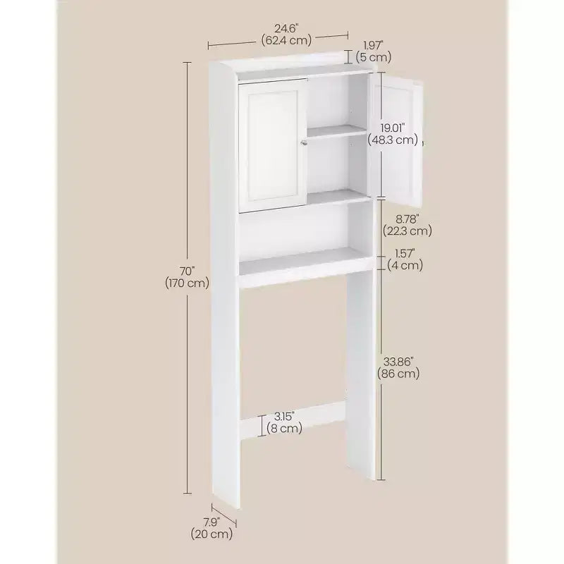 Mueble de Almacenamiento para Inodoro, Armario de Baño con Puertas, Estantes Ajustables, Ahorra Espacio, 7.9 x 24.6 x 70 Pulgadas, Blanco Nube
