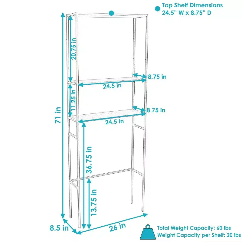 Estantería de baño tipo Etagere de 3 estantes de hierro y chapa, sobre el inodoro, ahorradora de espacio - Teca