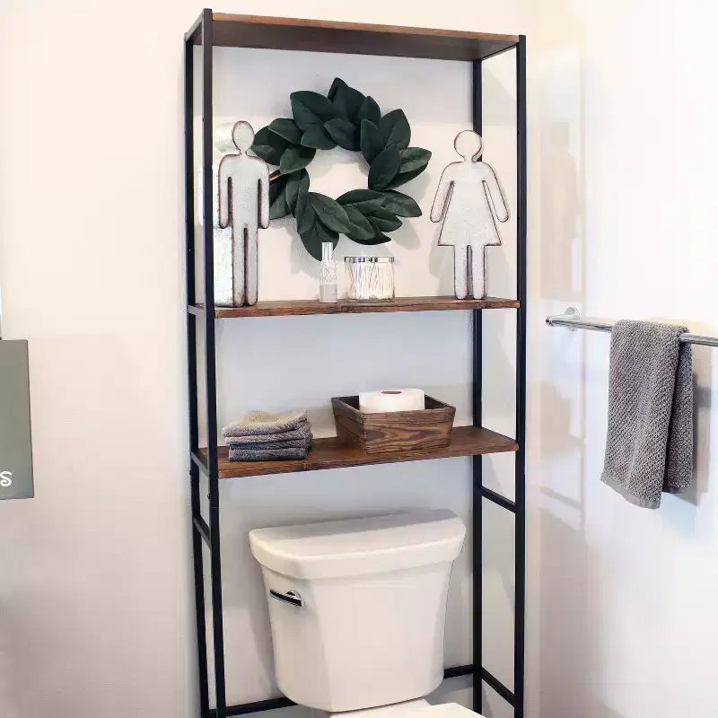 Estantería de baño tipo Etagere de 3 estantes de hierro y chapa, sobre el inodoro, ahorradora de espacio - Teca