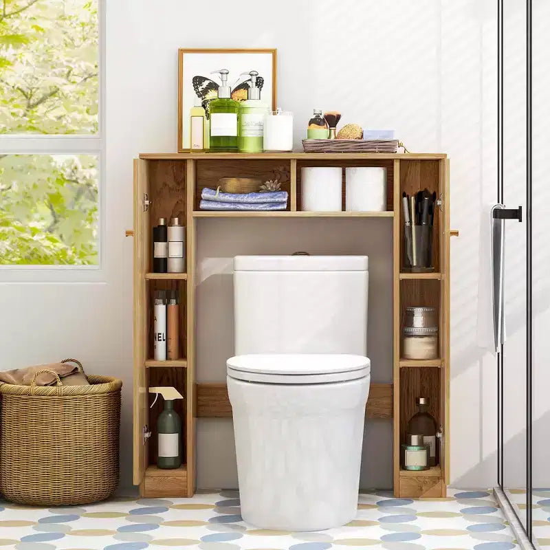 Mueble de almacenamiento sobre inodoro con doble puerta, organizador de almacenamiento de baño sobre inodoro, natural/blanco