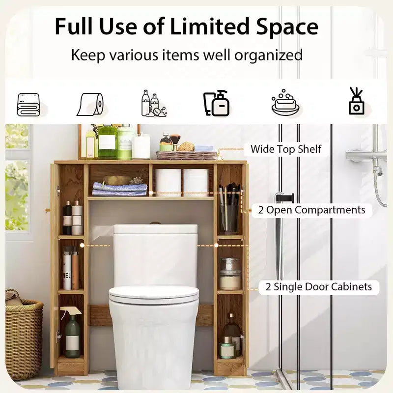 Mueble de almacenamiento sobre inodoro con doble puerta, organizador de almacenamiento de baño sobre inodoro, natural/blanco