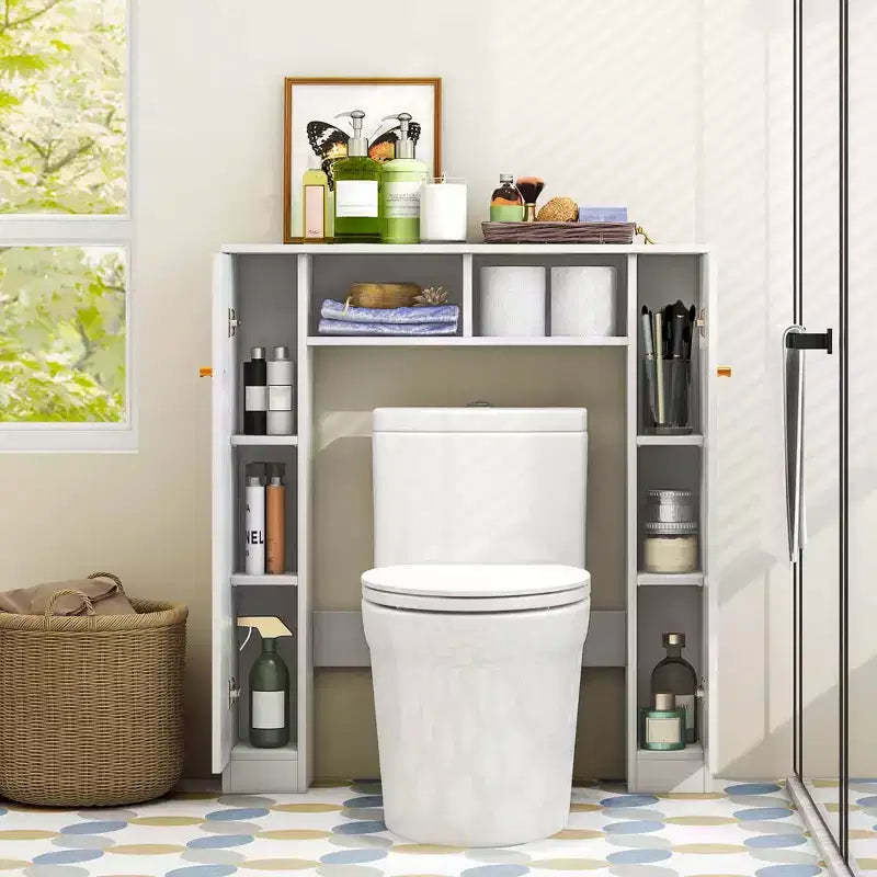 Mueble de almacenamiento sobre inodoro con doble puerta, organizador de almacenamiento de baño sobre inodoro, natural/blanco