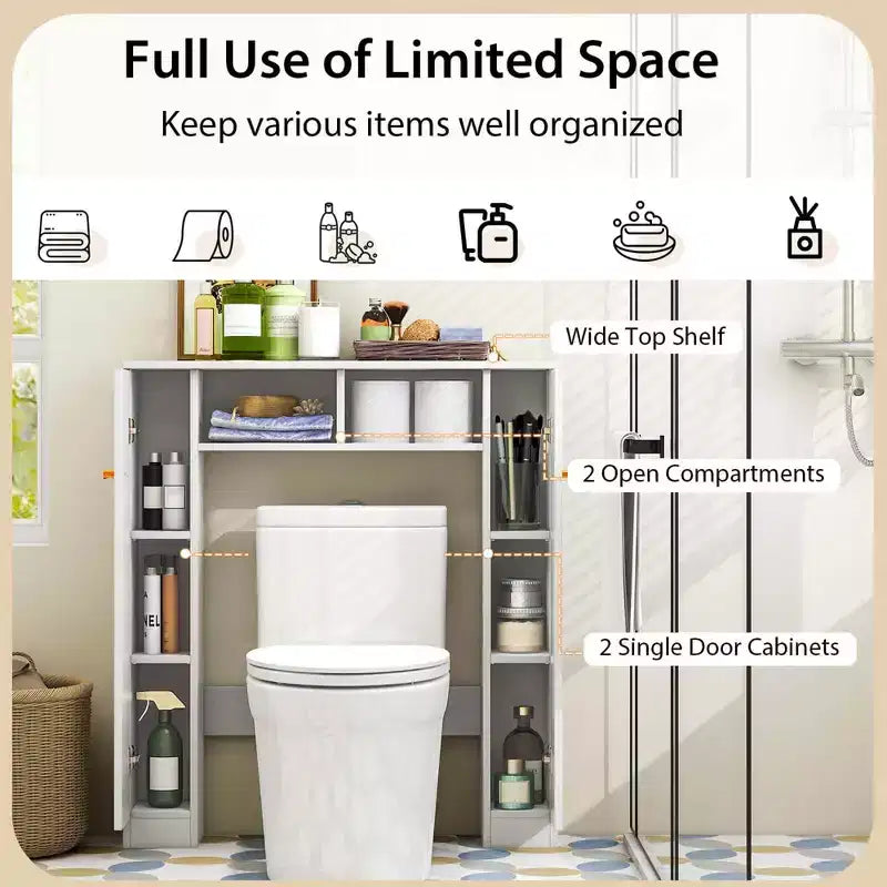 Mueble de almacenamiento sobre inodoro con doble puerta, organizador de almacenamiento de baño sobre inodoro, natural/blanco