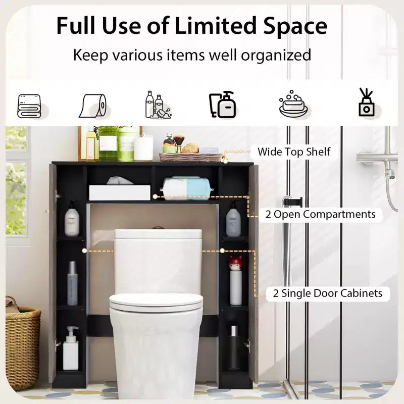 Mueble de almacenamiento sobre inodoro con doble puerta, organizador de almacenamiento de baño sobre inodoro, natural/blanco
