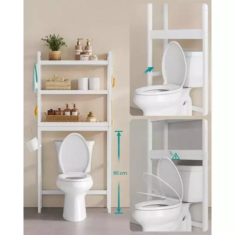 Organizador de baño de 3 niveles para colocar sobre el inodoro con estante ajustable, se adapta a la mayoría de los inodoros, color blanco nube y beige natural