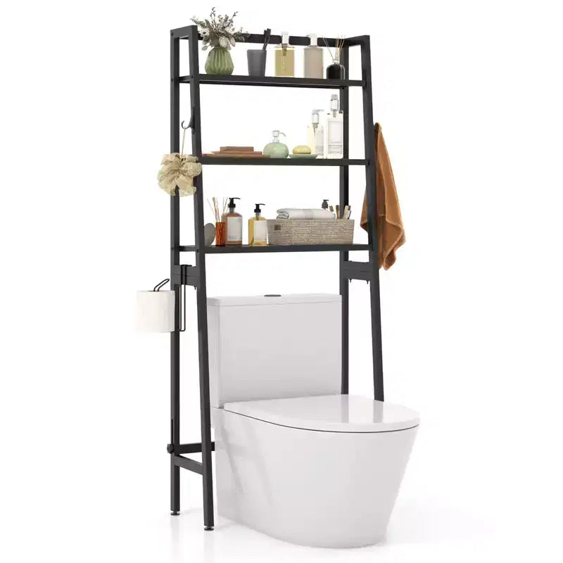 Costway Over The Toilet Storage Shelf 3-Tier Free Standing Above Toilet Rack Stand 2 Side HooksWhite/Black